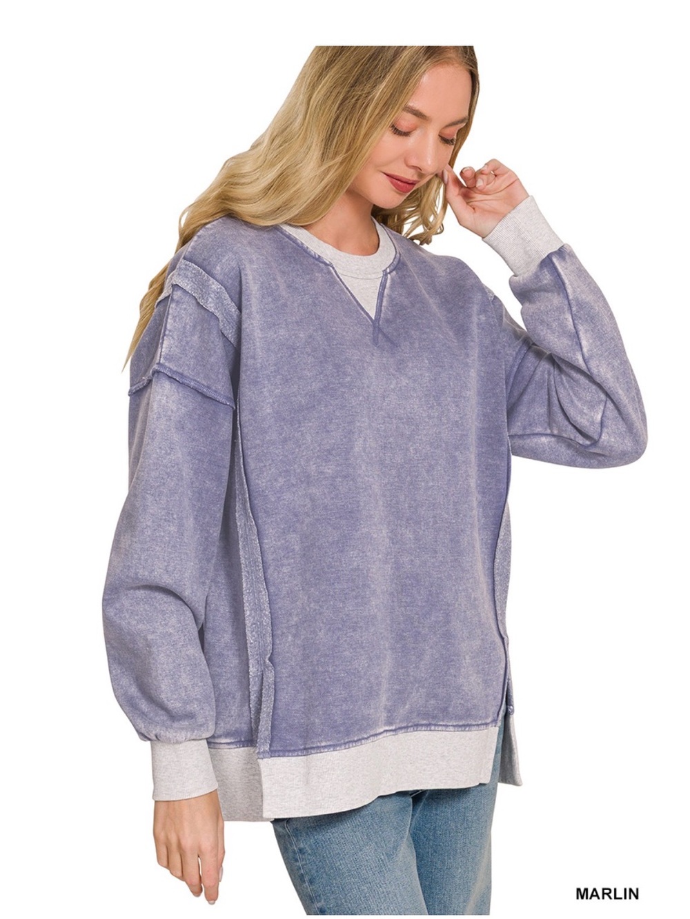 Zenana Outfitters Marlin Lavender Crewneck with Cream Trim